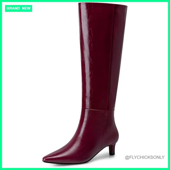 Shoes - Knee High Boots with Kitten Heel, Wide Calf, Pointed Toe, PU Leather